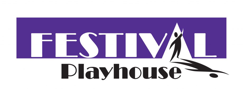 Festival Playhouse Logo. Purple and black text with a figure on stage