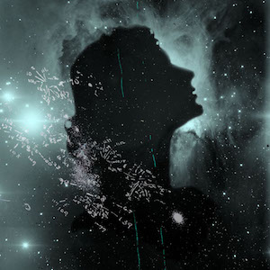The Silent Sky play poster of a dark profile of a woman in the sky. The play is by Lauren Gunderson.
